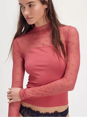 Free People Rose Pink Sheer Dot Mesh Mock Neck Long Sleeve Top